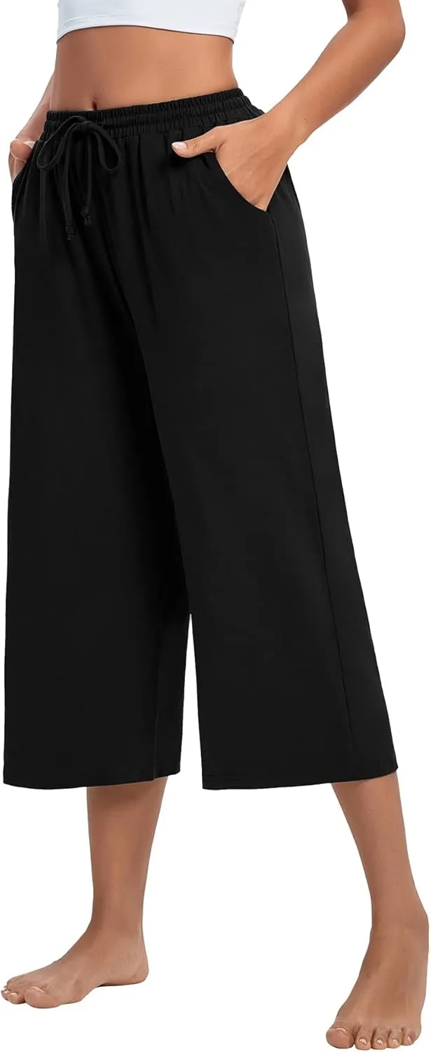 ASIMOON Womens Capri Yoga Pants Wide Leg Drawstring Lounge Pants Loose Comfy Workout Capris Sweatpants with Pockets