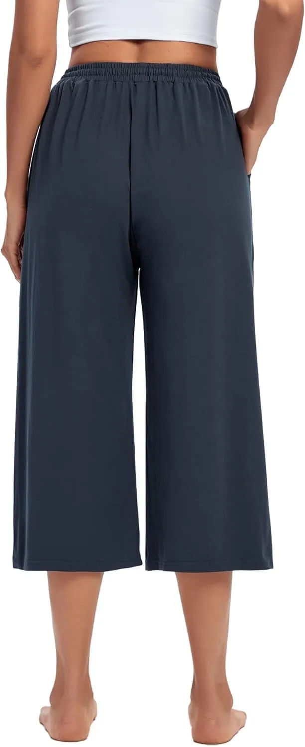 ASIMOON Womens Capri Yoga Pants Wide Leg Drawstring Lounge Pants Loose Comfy Workout Capris Sweatpants with Pockets