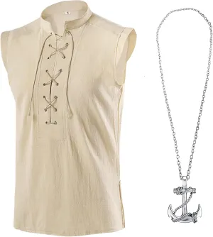 ATTBEA Mens Pirate Renaissance Costume Pirate Shirt Sleeveless Medieval Viking Gothic Celtic Pirate Vest for Men