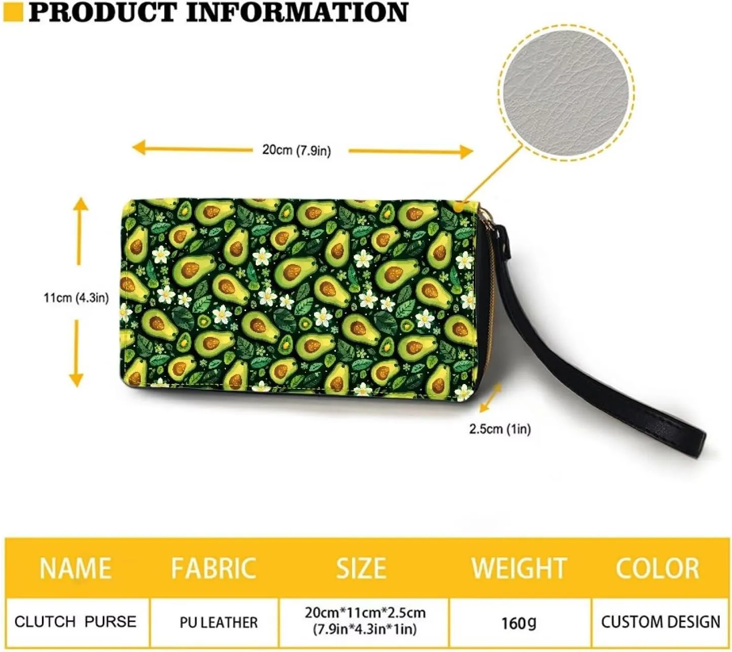 Avocados Wallet for Women RFID Blocking PU Leather Zipper Around Wallets Clutch Wristlet Travel Long Purse