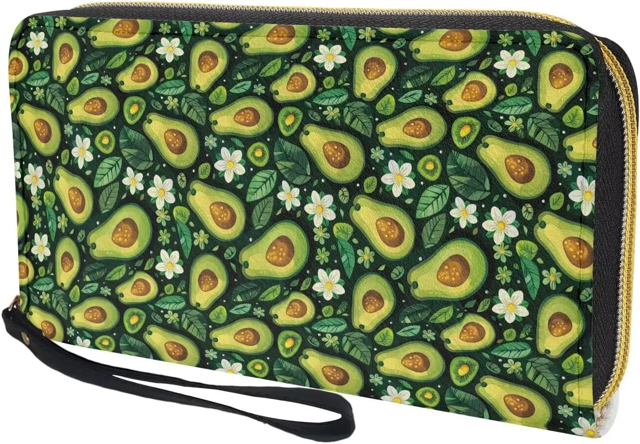 Avocados Wallet for Women RFID Blocking PU Leather Zipper Around Wallets Clutch Wristlet Travel Long Purse