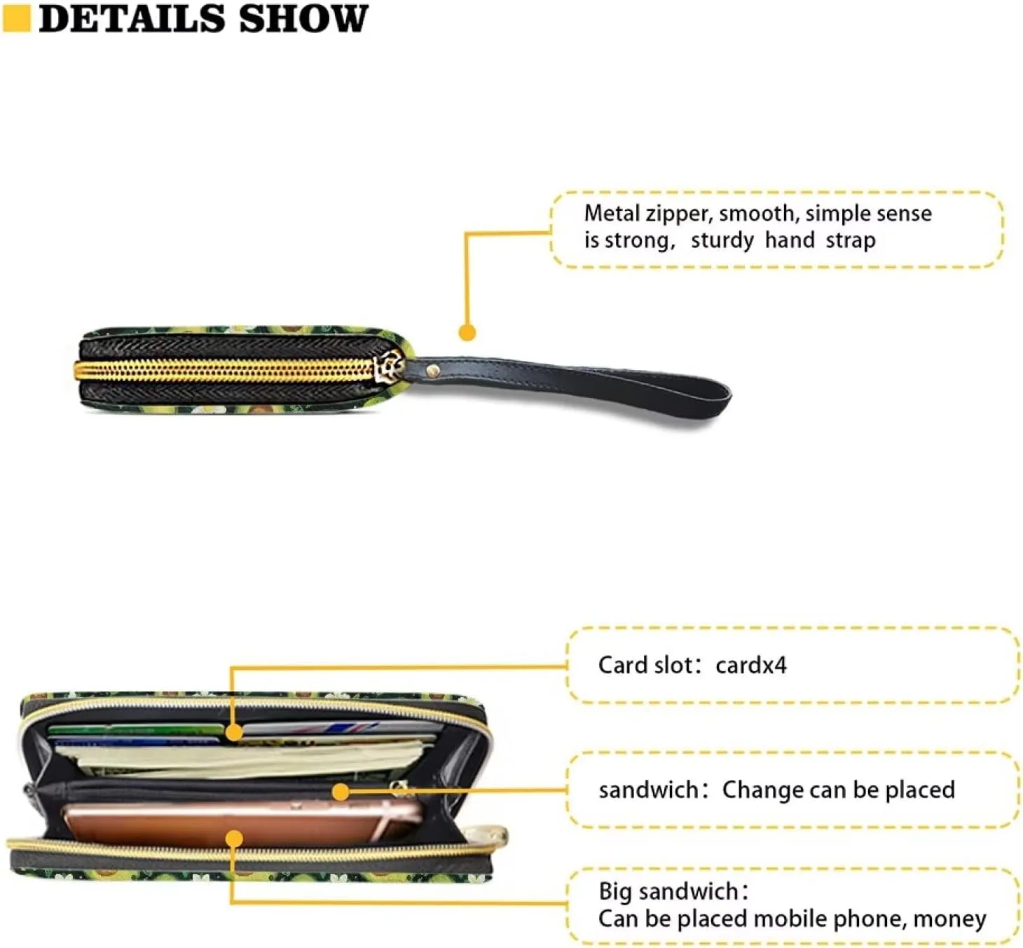 Avocados Wallet for Women RFID Blocking PU Leather Zipper Around Wallets Clutch Wristlet Travel Long Purse