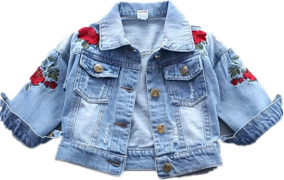 Baby Girl's Denim Jacket with Rose Flower Embroidery Kids Toddler Ripped Denim Coat for Girl