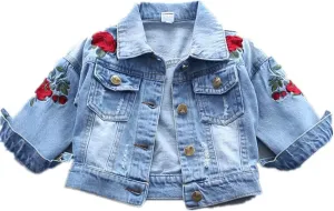 Baby Girl's Denim Jacket with Rose Flower Embroidery Kids Toddler Ripped Denim Coat for Girl