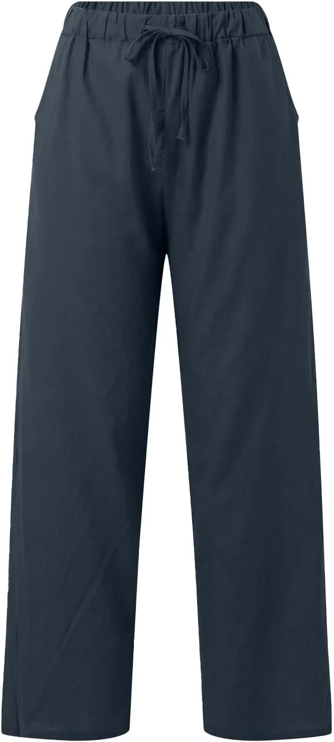 Baggy Linen Pants for Women Summer Boho High Waisted Palazzo Pants Loose Comfy Straight Leg Trousers with Pockets