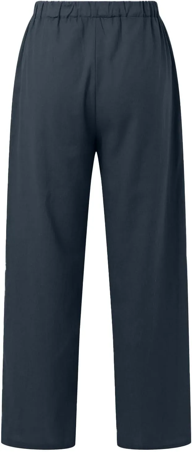 Baggy Linen Pants for Women Summer Boho High Waisted Palazzo Pants Loose Comfy Straight Leg Trousers with Pockets