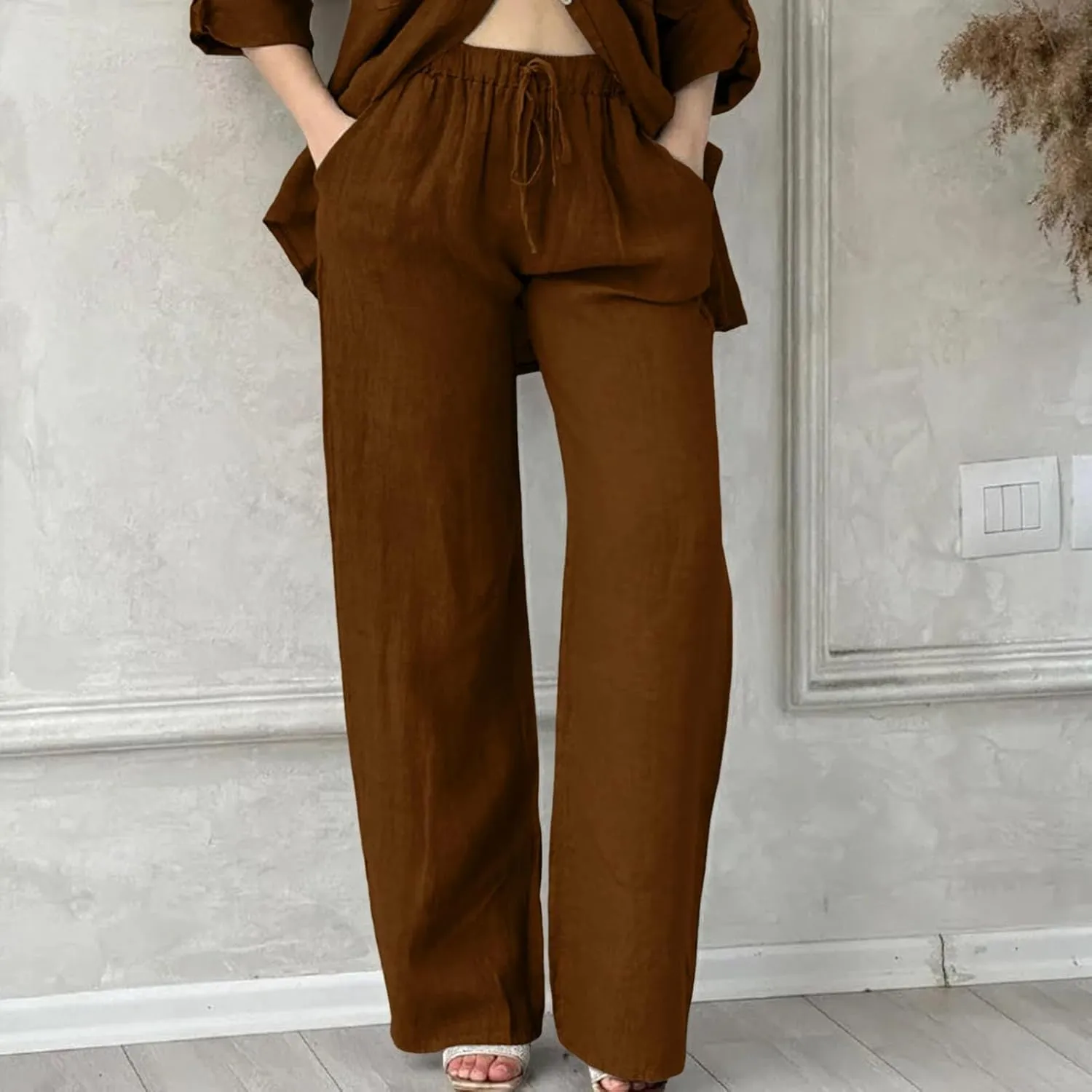 Baggy Linen Pants for Women Summer Boho High Waisted Palazzo Pants Loose Comfy Straight Leg Trousers with Pockets