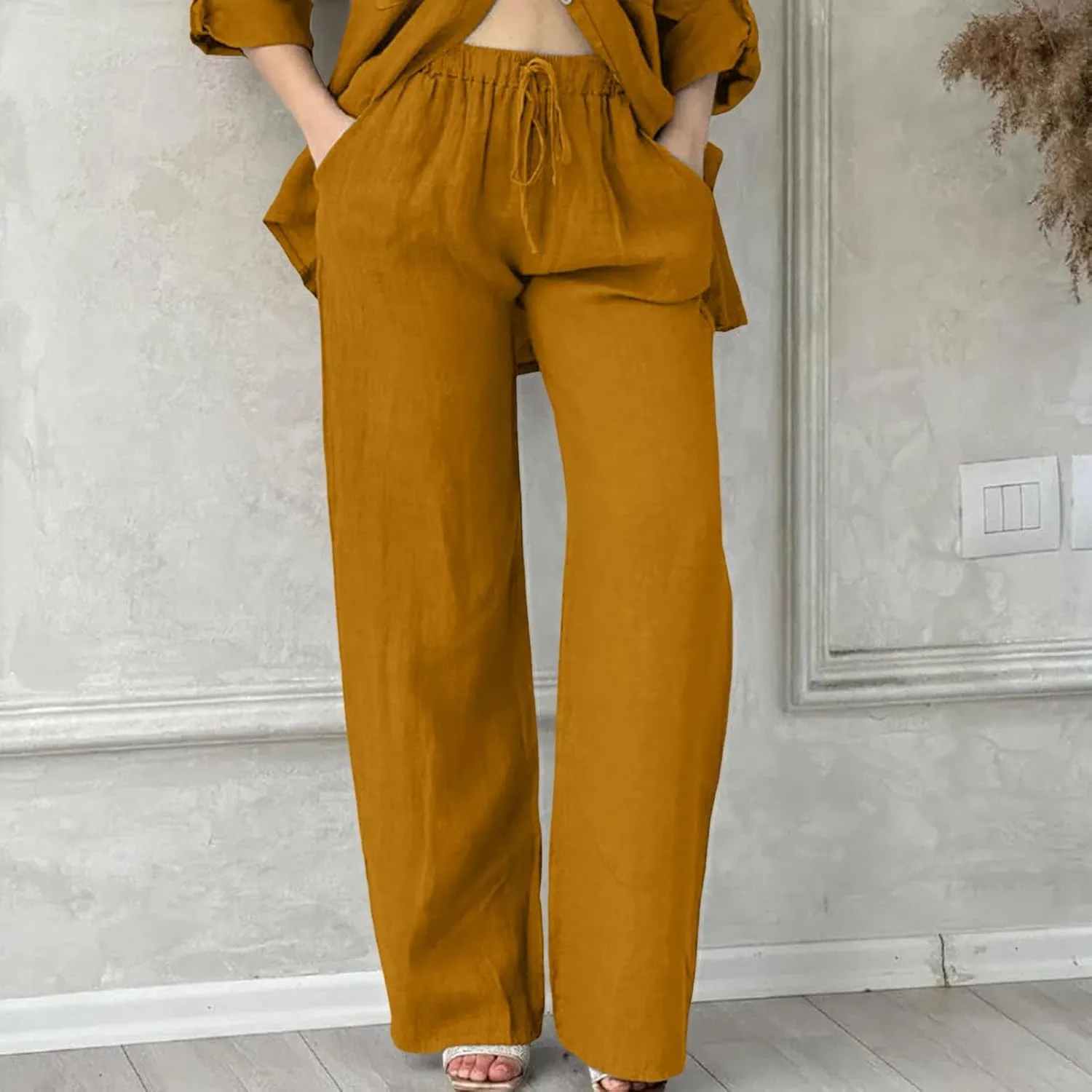 Baggy Linen Pants for Women Summer Boho High Waisted Palazzo Pants Loose Comfy Straight Leg Trousers with Pockets