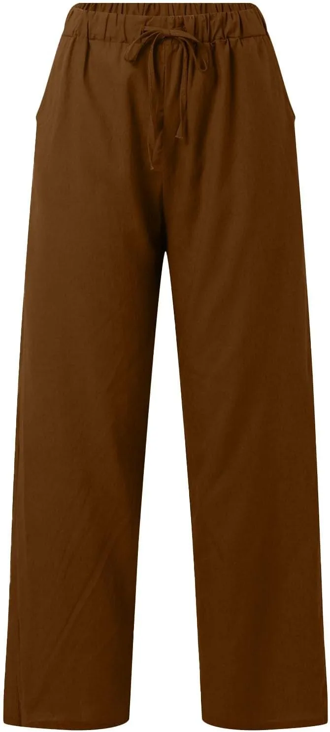 Baggy Linen Pants for Women Summer Boho High Waisted Palazzo Pants Loose Comfy Straight Leg Trousers with Pockets