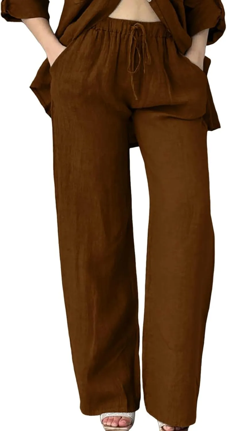 Baggy Linen Pants for Women Summer Boho High Waisted Palazzo Pants Loose Comfy Straight Leg Trousers with Pockets