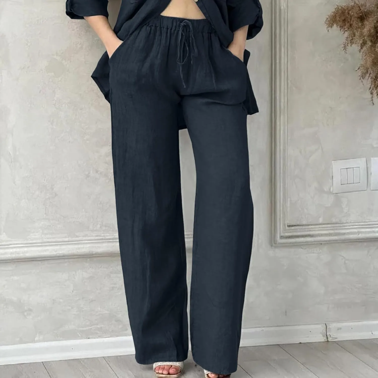 Baggy Linen Pants for Women Summer Boho High Waisted Palazzo Pants Loose Comfy Straight Leg Trousers with Pockets