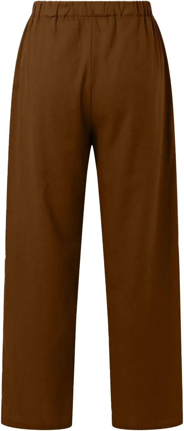 Baggy Linen Pants for Women Summer Boho High Waisted Palazzo Pants Loose Comfy Straight Leg Trousers with Pockets