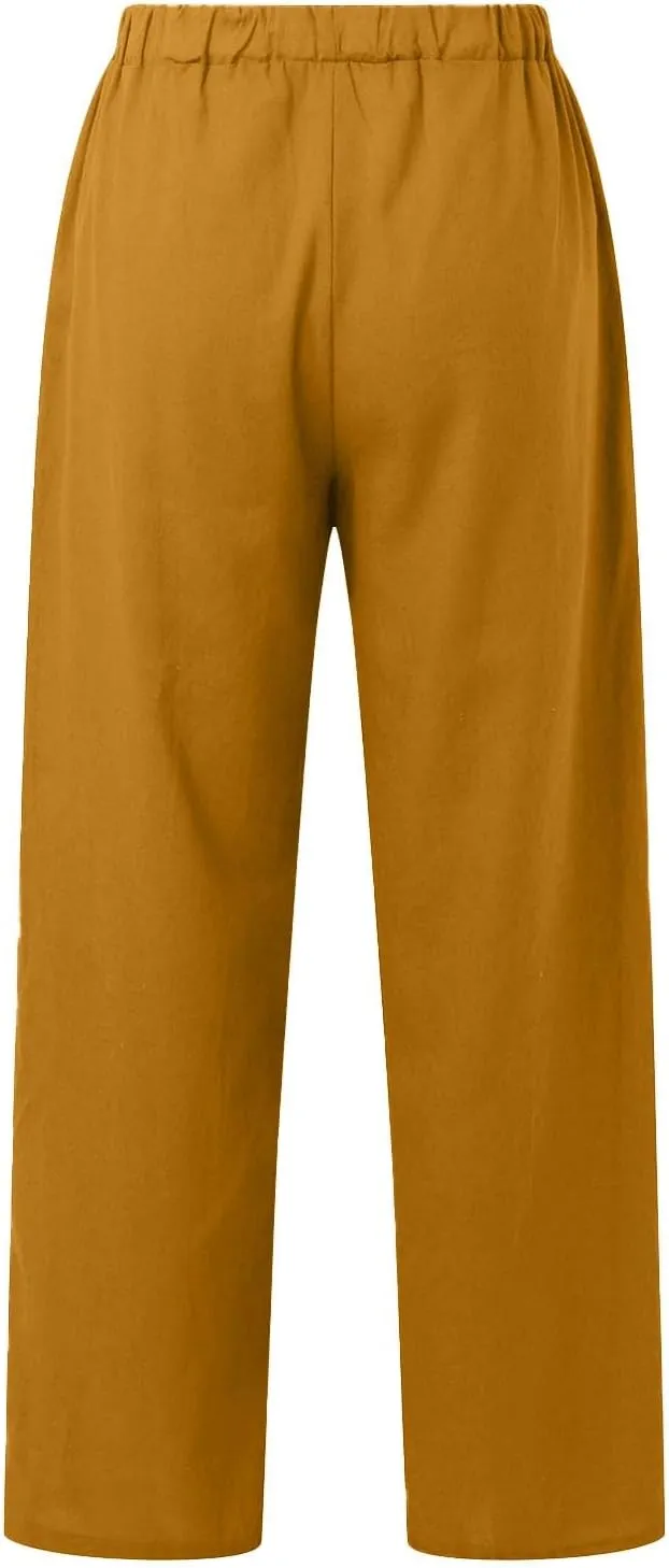Baggy Linen Pants for Women Summer Boho High Waisted Palazzo Pants Loose Comfy Straight Leg Trousers with Pockets