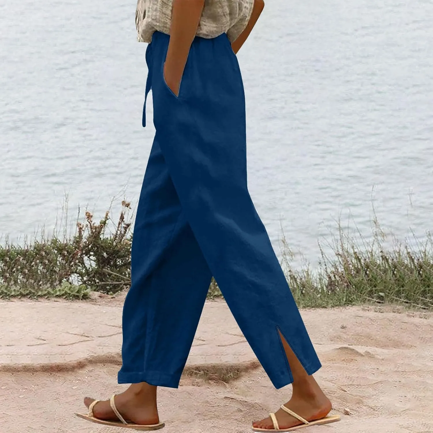 Baggy Linen Pants Women Summer Boho Lightweight High Waist Palazzo Pant Loose Comfy Straight Leg Pants with Pockets