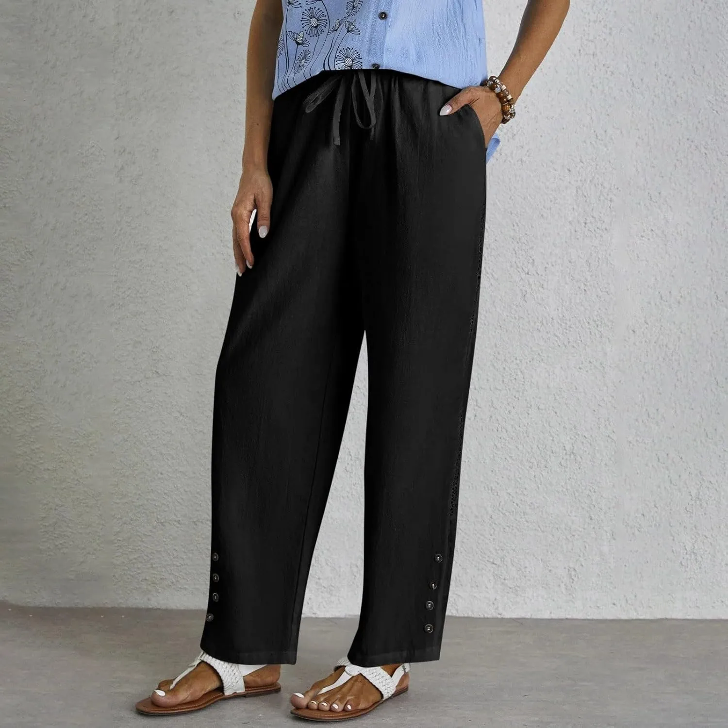 Baggy Linen Pants Women Summer Boho Lightweight High Waist Palazzo Pants Loose Comfy Straight Leg Pants Pockets