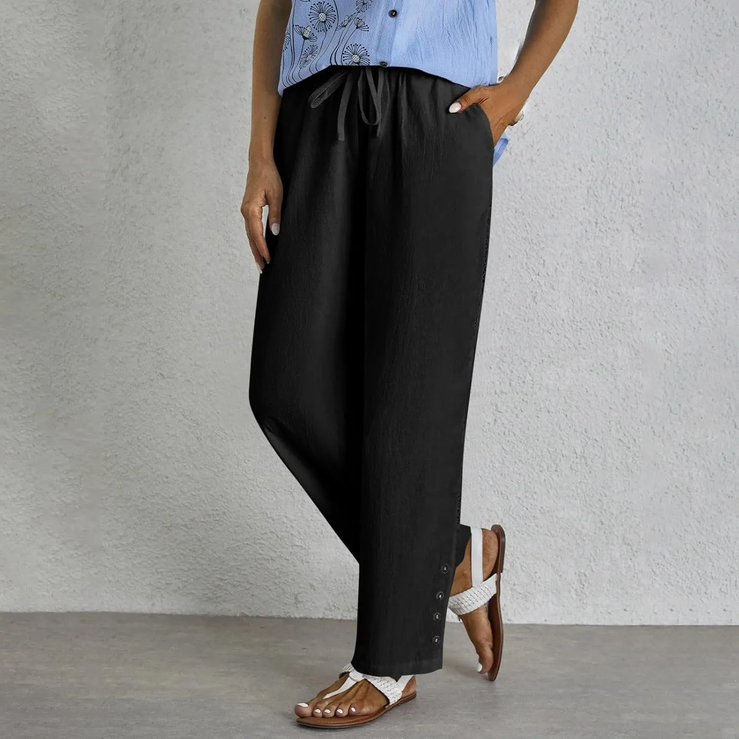 Baggy Linen Pants Women Summer Boho Lightweight High Waist Palazzo Pants Loose Comfy Straight Leg Pants Pockets