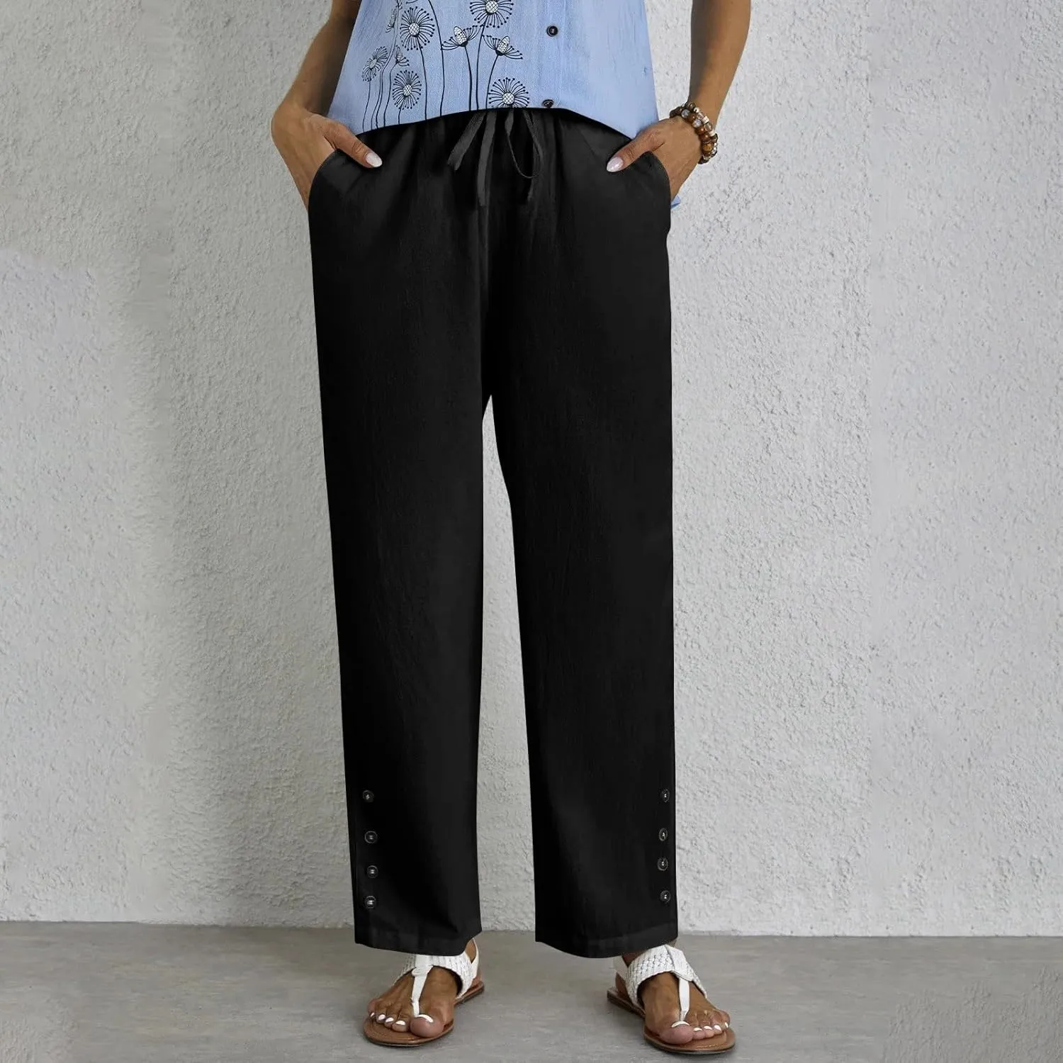 Baggy Linen Pants Women Summer Boho Lightweight High Waist Palazzo Pants Loose Comfy Straight Leg Pants Pockets