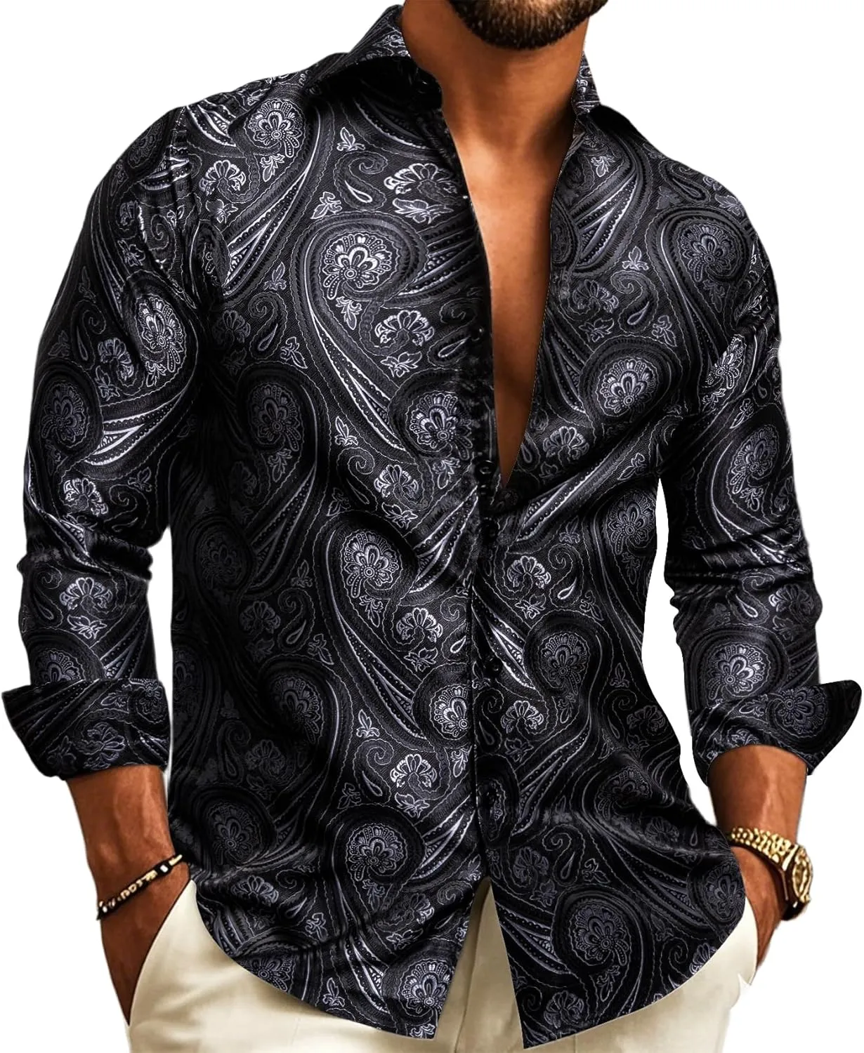 Barry.Wang Mens Western Shirts Silk Paisley Long Sleeve Button Down Dress Shirt Designer Mexico Cowboy Shirt Party Casual