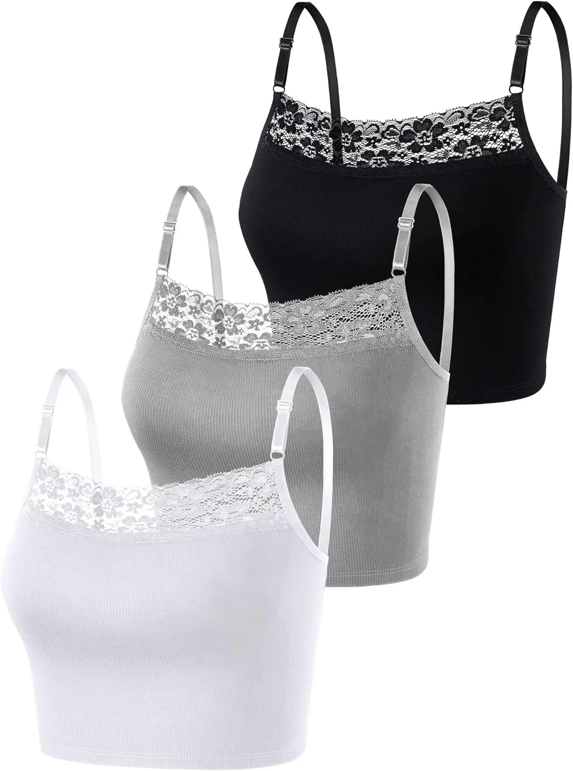 Bencailor 3 Pieces Lace Camisole Crop Top Lace Half Cami Breathable Basic Cami Spaghetti Tank Top for Women