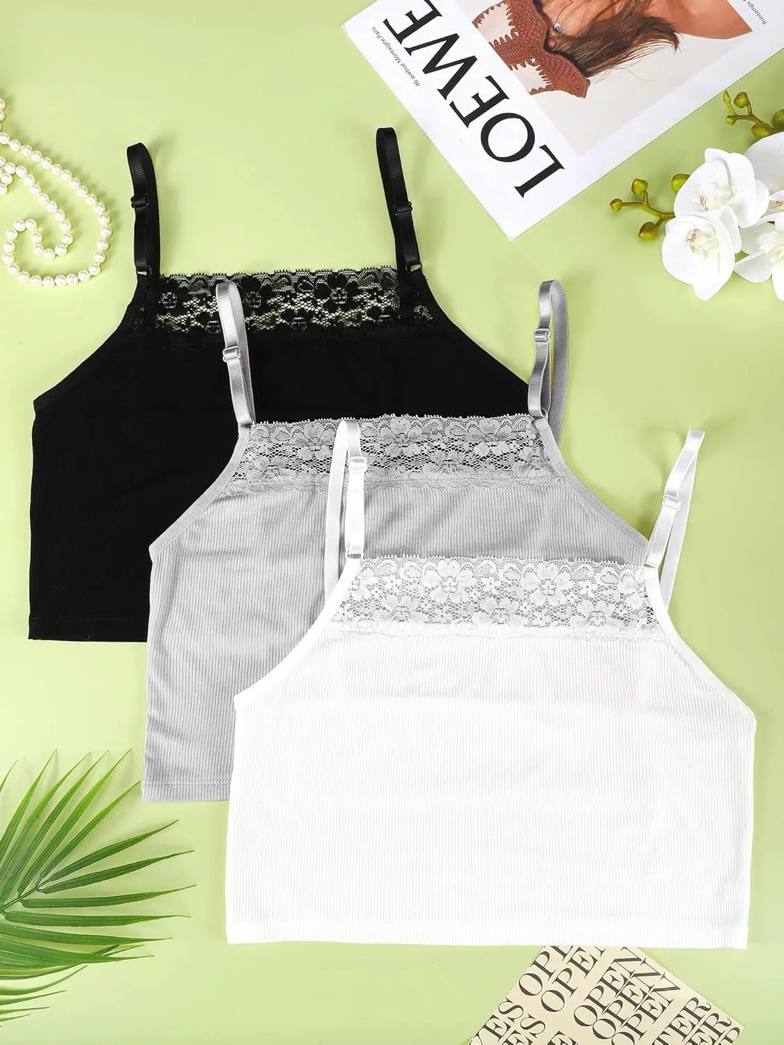 Bencailor 3 Pieces Lace Camisole Crop Top Lace Half Cami Breathable Basic Cami Spaghetti Tank Top for Women