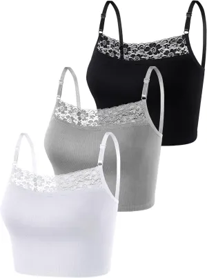 Bencailor 3 Pieces Lace Camisole Crop Top Lace Half Cami Breathable Basic Cami Spaghetti Tank Top for Women
