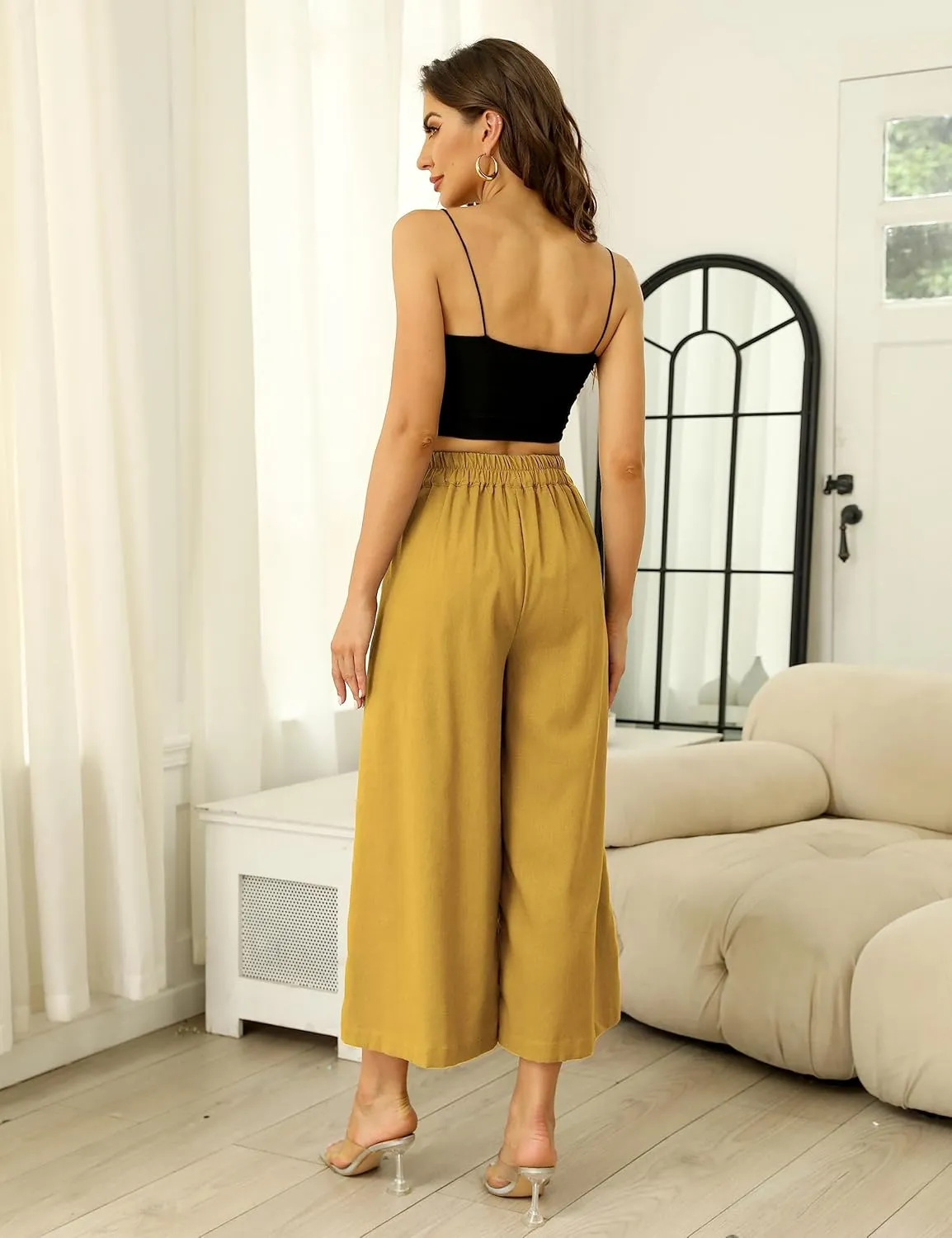 Bianstore Women's Culottes Linen Cropped Wide Leg Pants Elastic Waist Casual Palazzo Trousers with Pockets
