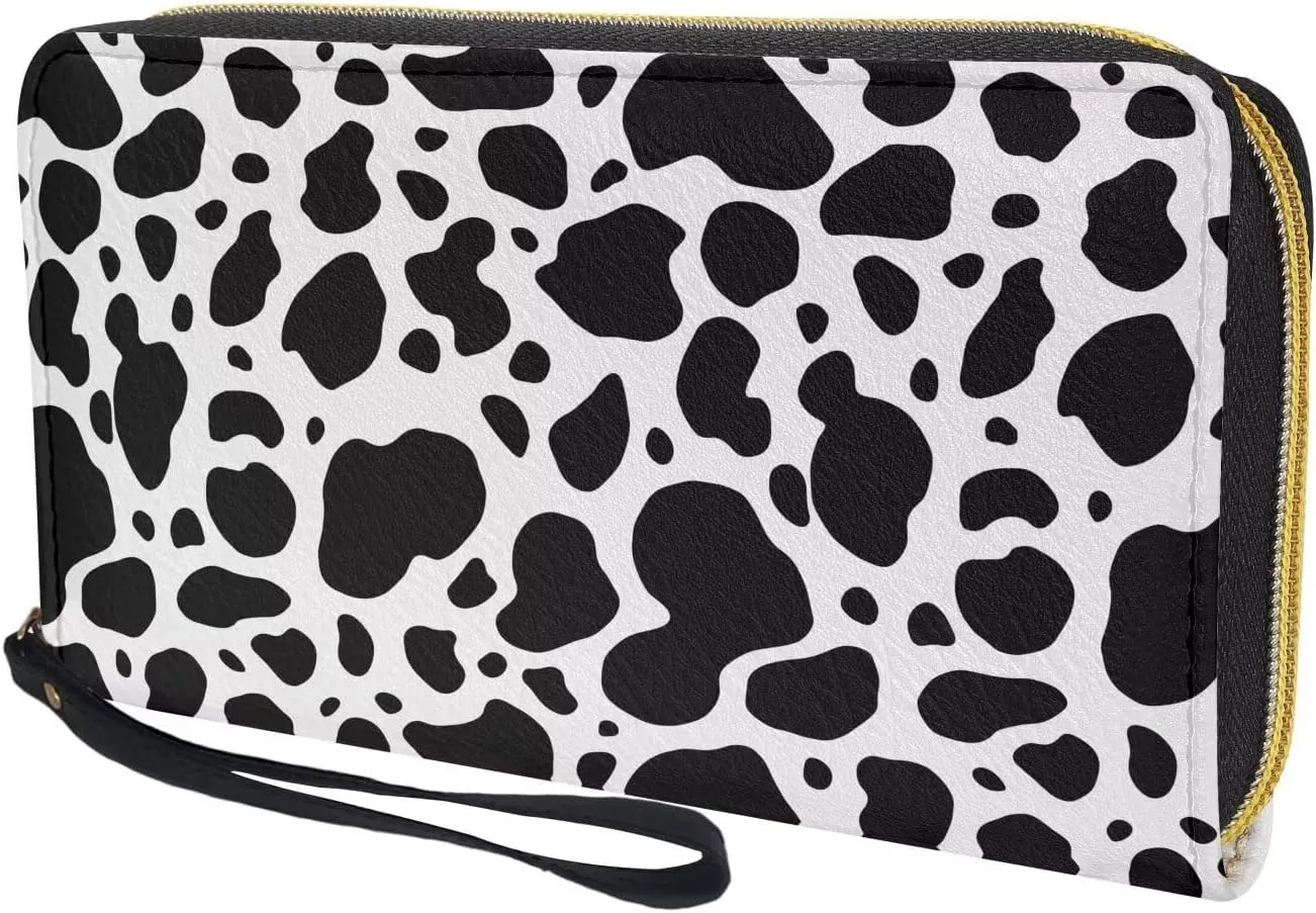 Black and White Cow Wristlet Wallet for Womens Leather RFID Blocking Zip Around Card Holder Organizer Travel Clutch Bags