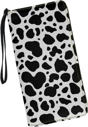 Black and White Cow Wristlet Wallet for Womens Leather RFID Blocking Zip Around Card Holder Organizer Travel Clutch Bags