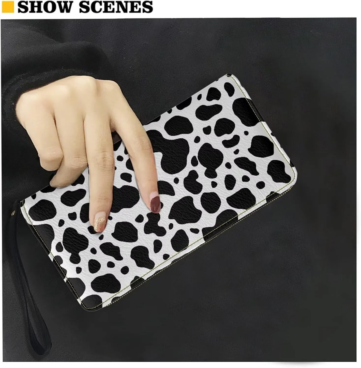Black and White Cow Wristlet Wallet for Womens Leather RFID Blocking Zip Around Card Holder Organizer Travel Clutch Bags