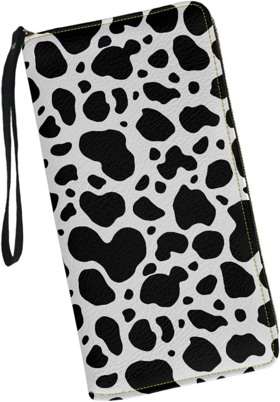 Black and White Cow Wristlet Wallet for Womens Leather RFID Blocking Zip Around Card Holder Organizer Travel Clutch Bags
