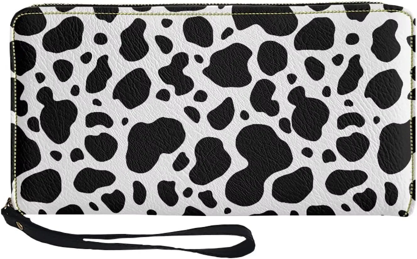 Black and White Cow Wristlet Wallet for Womens Leather RFID Blocking Zip Around Card Holder Organizer Travel Clutch Bags