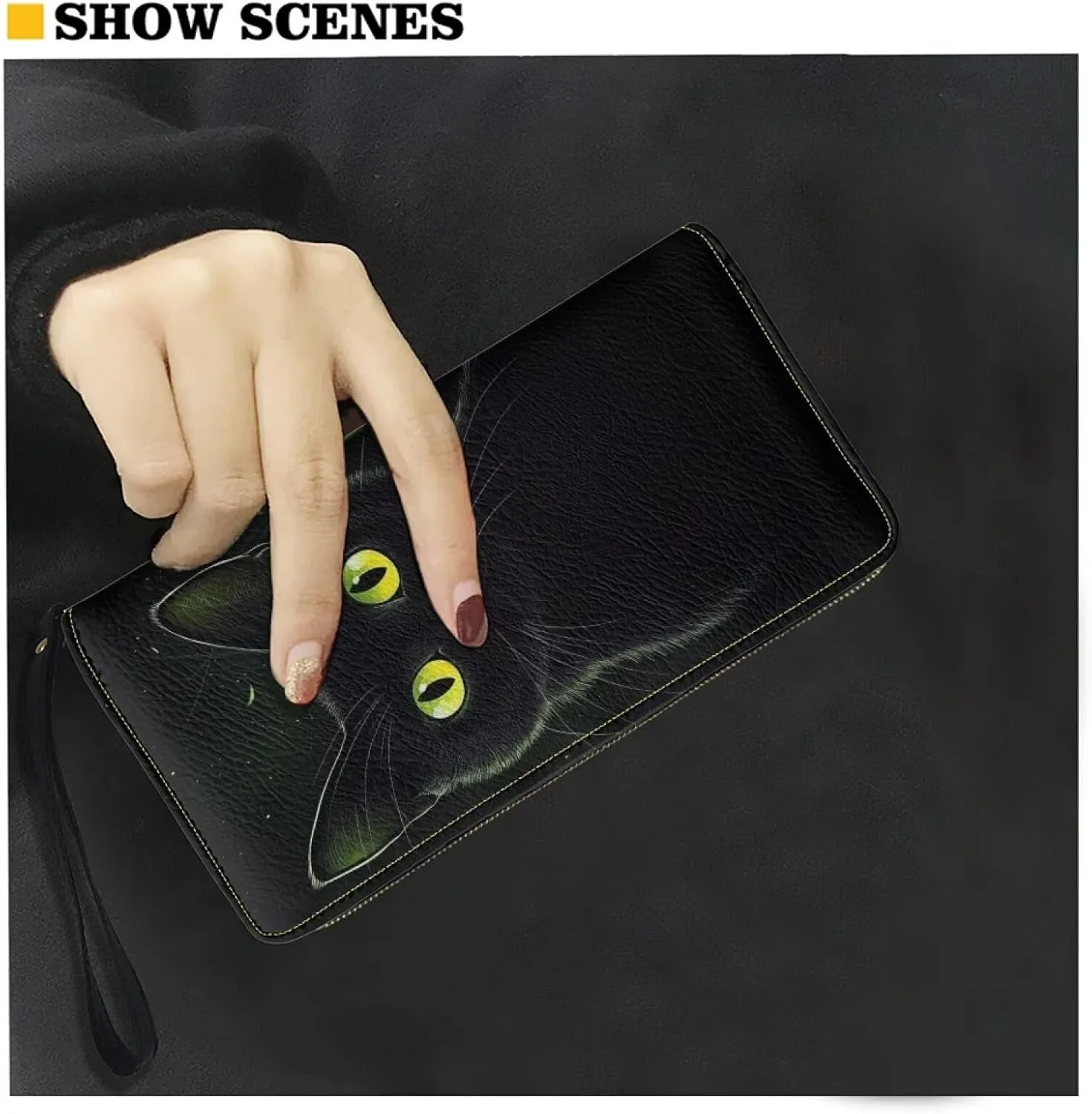 Black Cat Wallet for Women Leather RFID Blocking Design Zip Around Card Holder Organizer Ladies Travel Clutch Wristlet