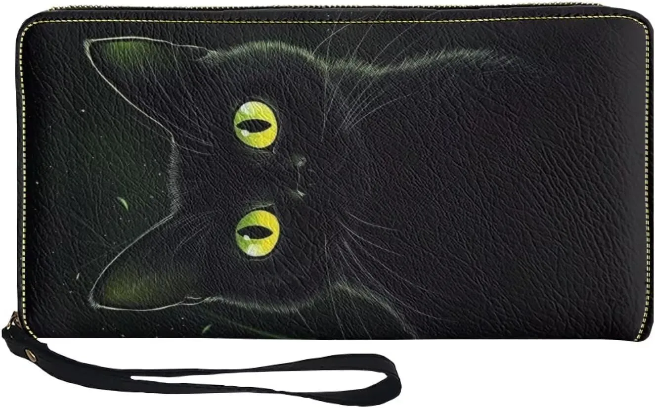 Black Cat Wallet for Women Leather RFID Blocking Design Zip Around Card Holder Organizer Ladies Travel Clutch Wristlet