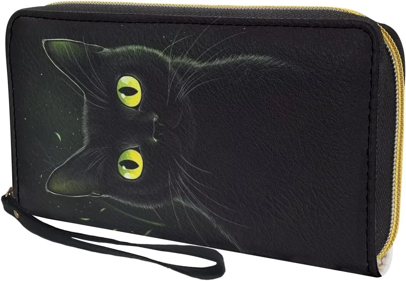 Black Cat Wallet for Women Leather RFID Blocking Design Zip Around Card Holder Organizer Ladies Travel Clutch Wristlet