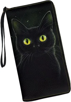 Black Cat Wallet for Women Leather RFID Blocking Design Zip Around Card Holder Organizer Ladies Travel Clutch Wristlet