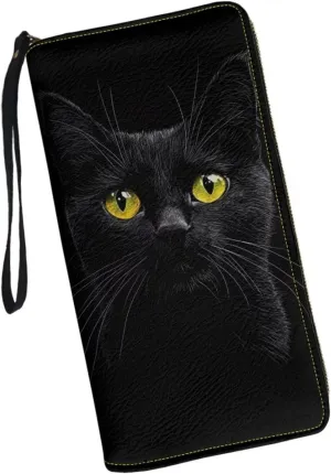 Black Cat Wallet for Women RFID Blocking Leather Large Capacity Card Holder Ladies Phone Clutch Travel Long Purse Wristlet