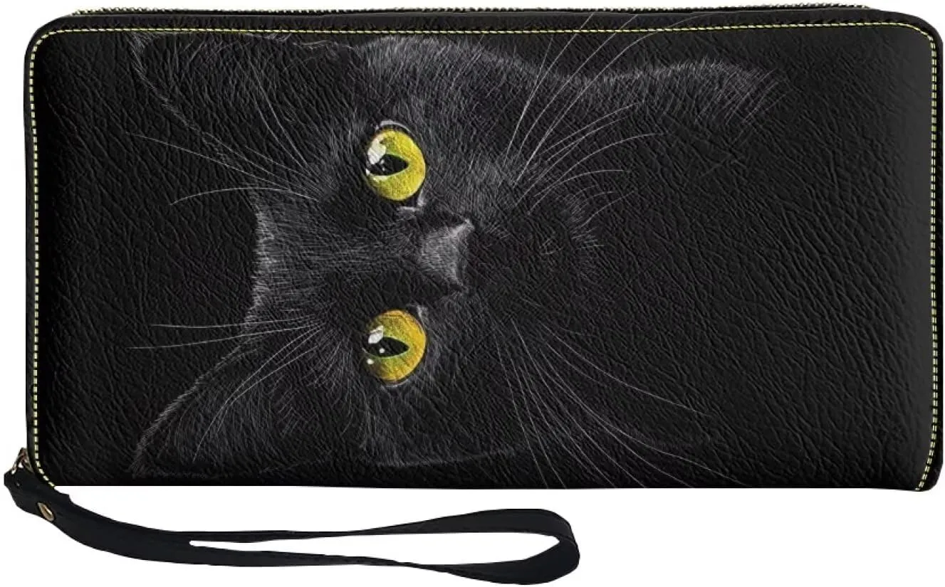 Black Cat Wallet for Women RFID Blocking Leather Large Capacity Card Holder Ladies Phone Clutch Travel Long Purse Wristlet
