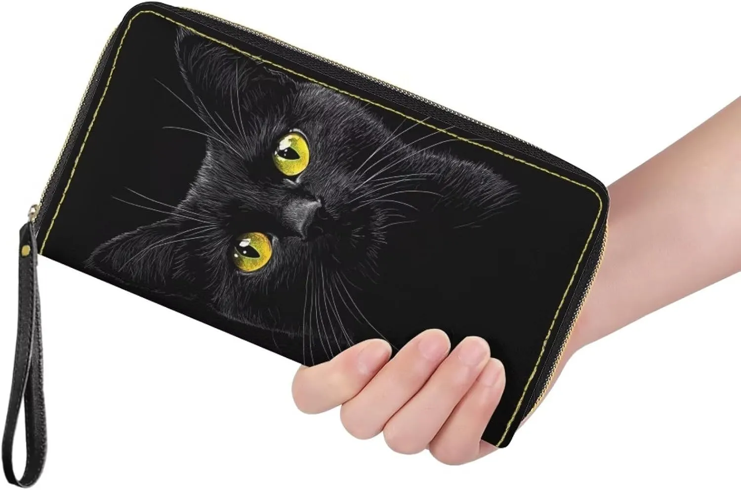 Black Cat Wallet for Women RFID Blocking Leather Large Capacity Card Holder Ladies Phone Clutch Travel Long Purse Wristlet