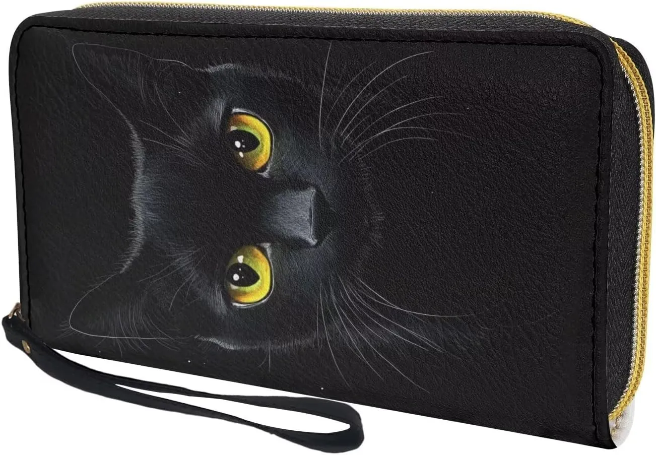 Black Cat Wristlet Wallet for Womens Leather RFID Blocking Zip Around Card Holder Organizer Travel Clutch Bags