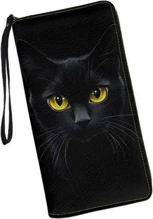 Black Cat Wristlet Wallet for Womens Leather RFID Blocking Zip Around Card Holder Organizer Travel Clutch Bags