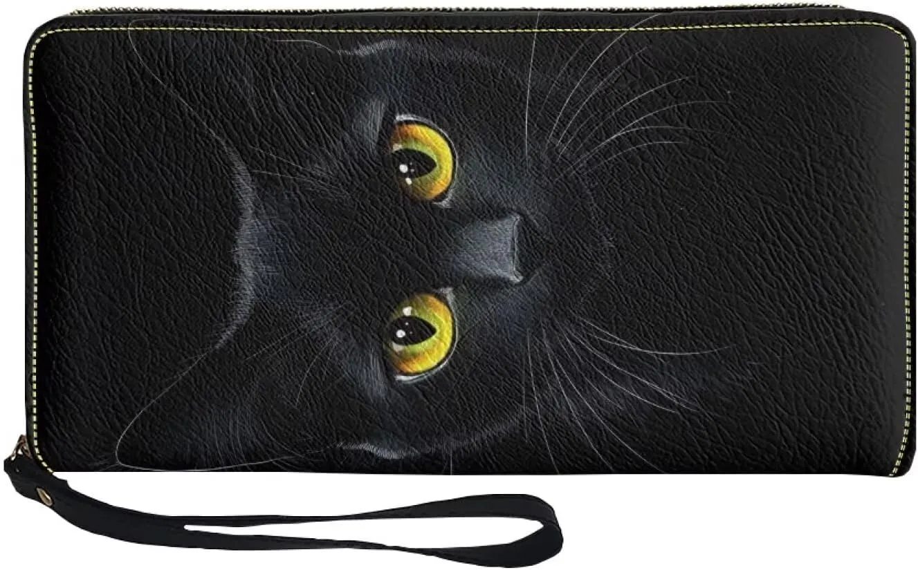 Black Cat Wristlet Wallet for Womens Leather RFID Blocking Zip Around Card Holder Organizer Travel Clutch Bags