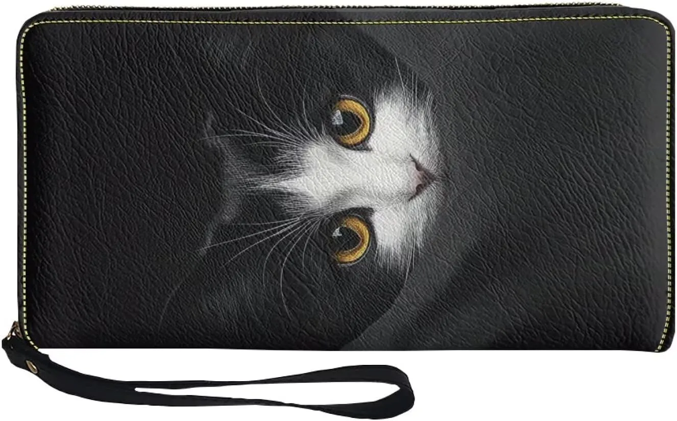 Black Cat Wristlet Wallets for Womens Casual PU Leather Long Purse RFID Blocking Card Holder Clutch Bag Lady Handbags