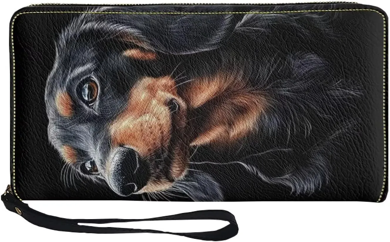 Black Dachshund Wallet for Women RFID Blocking Card Holder Clutch Leather Zip Around Phone Ladies Travel Purse Wristlet