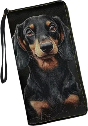 Black Dachshund Wallet for Women RFID Blocking PU Leather Zipper Around Wallets Clutch Wristlet Travel Long Purse