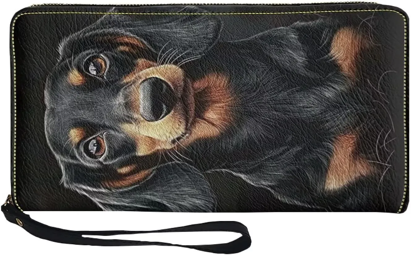 Black Dachshund Wallet for Women RFID Blocking PU Leather Zipper Around Wallets Clutch Wristlet Travel Long Purse