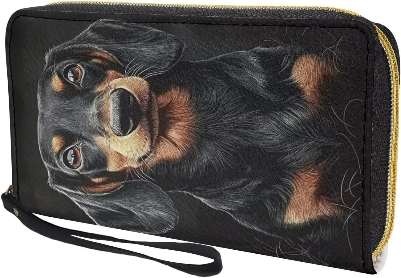 Black Dachshund Wallet for Women RFID Blocking PU Leather Zipper Around Wallets Clutch Wristlet Travel Long Purse