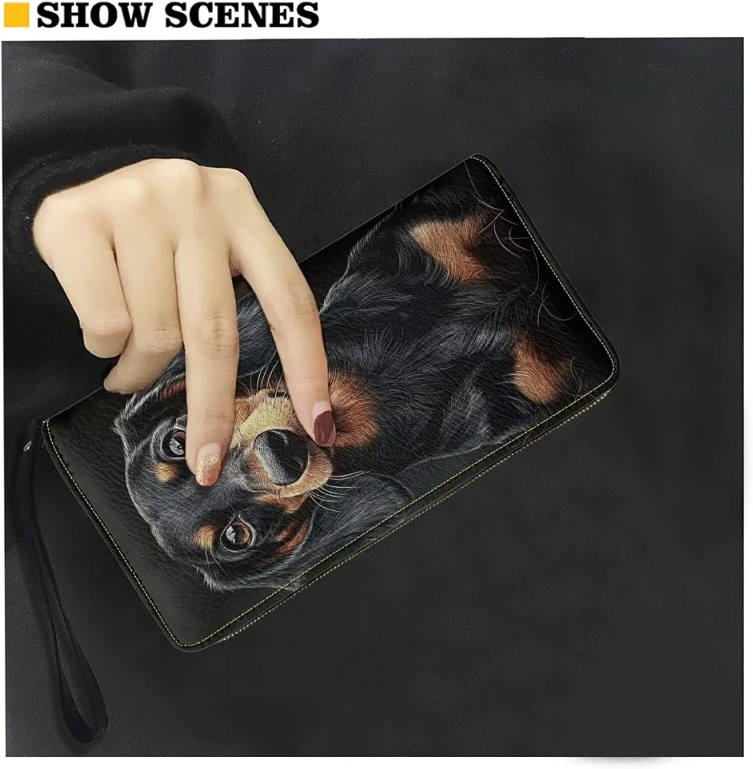 Black Dachshund Wallet for Women RFID Blocking PU Leather Zipper Around Wallets Clutch Wristlet Travel Long Purse