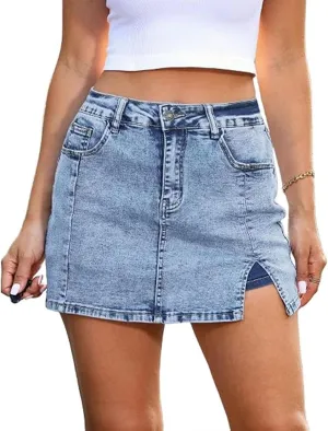 Bloomy Jean Skorts, Bloomy Skorts, Woman High Waisted Casual Stretchy Denim Skirt Side Split Mini Skirts