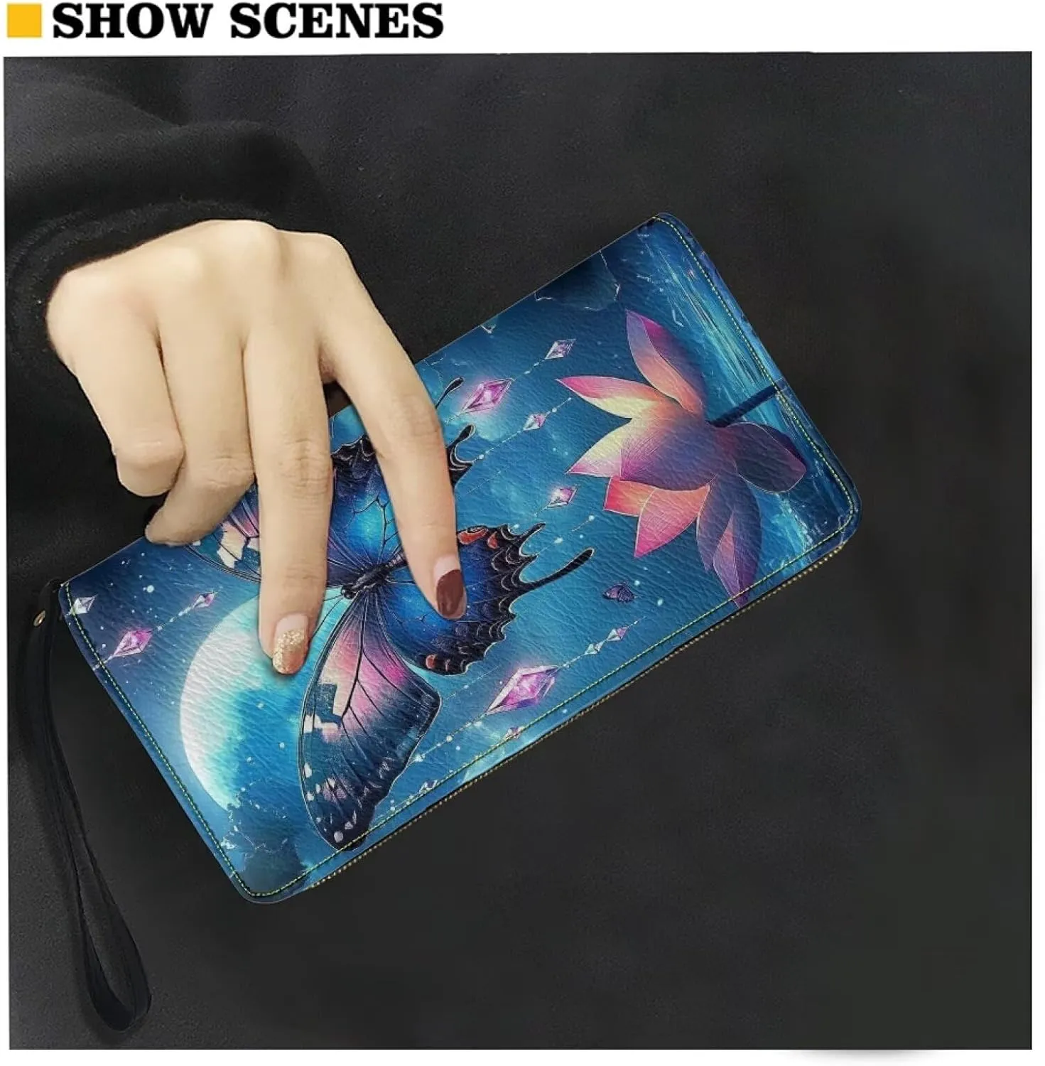 Blue Butterfly Moon Wallet for Womens Leather RFID Blocking Design Zip Around Card Holder Organizer Ladies Travel Clutch Wristlet