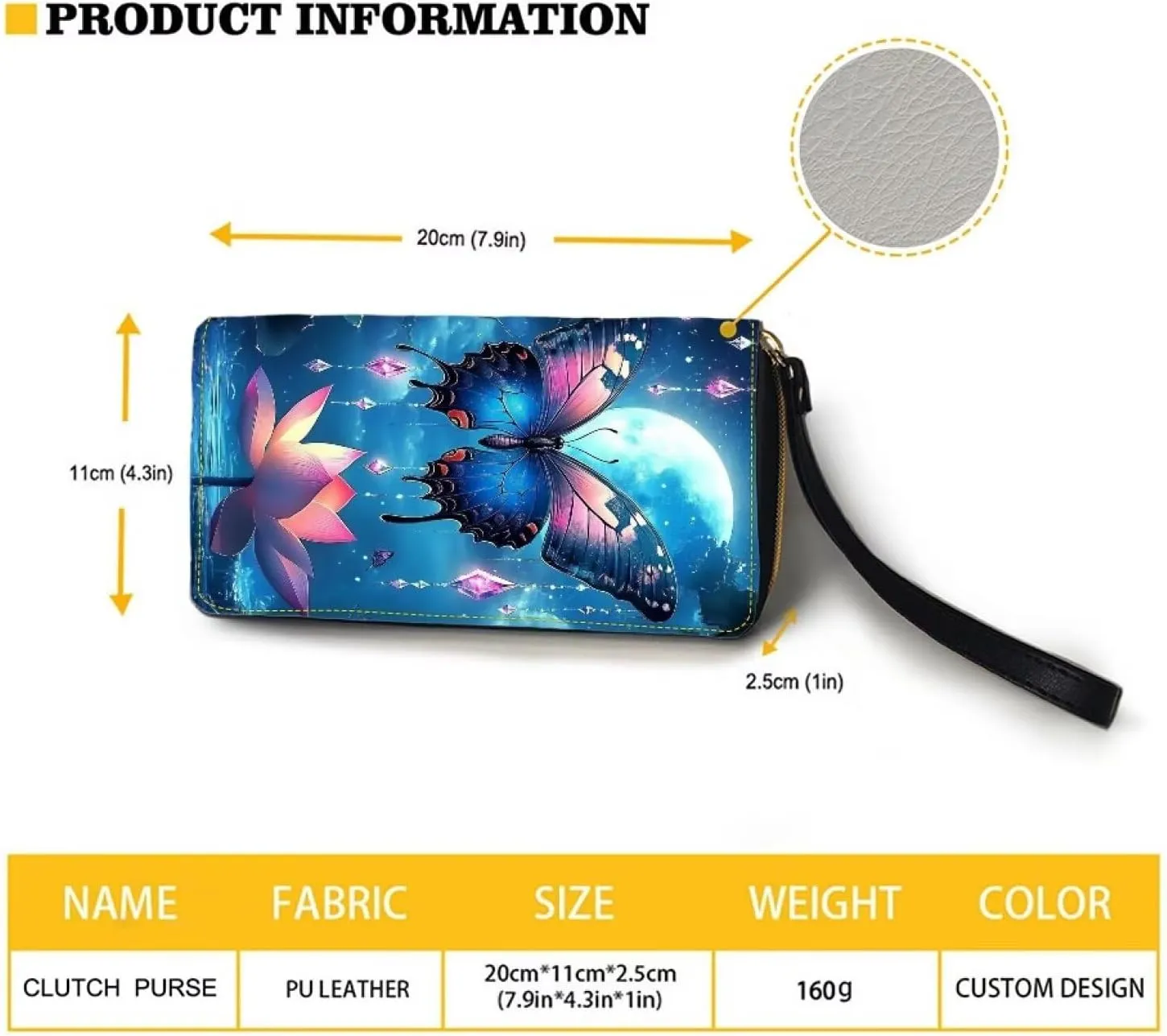 Blue Butterfly Moon Wallet for Womens Leather RFID Blocking Design Zip Around Card Holder Organizer Ladies Travel Clutch Wristlet